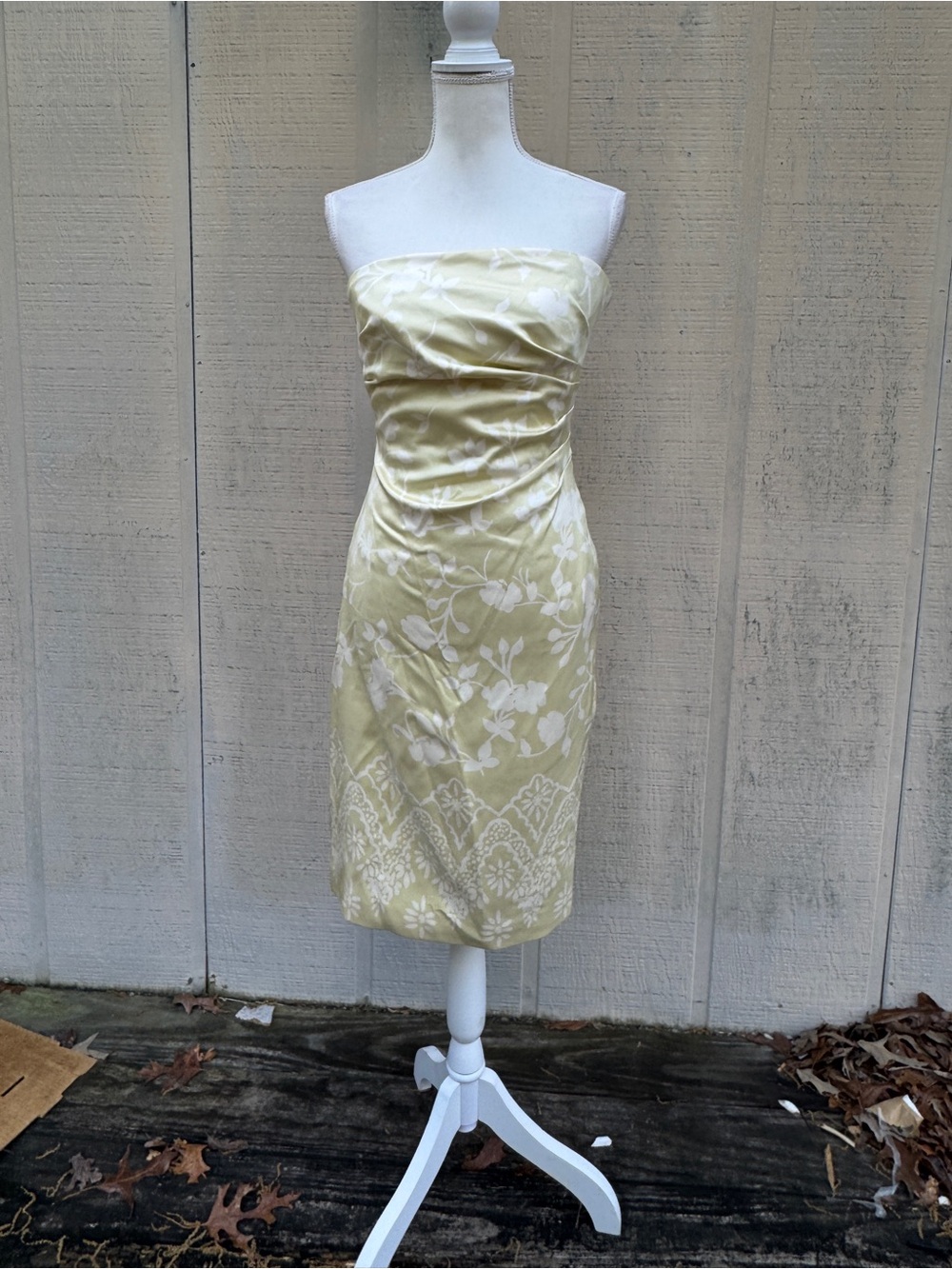 Kay Unger Strapless Pale Yellow Silk Floral Sheath Dress